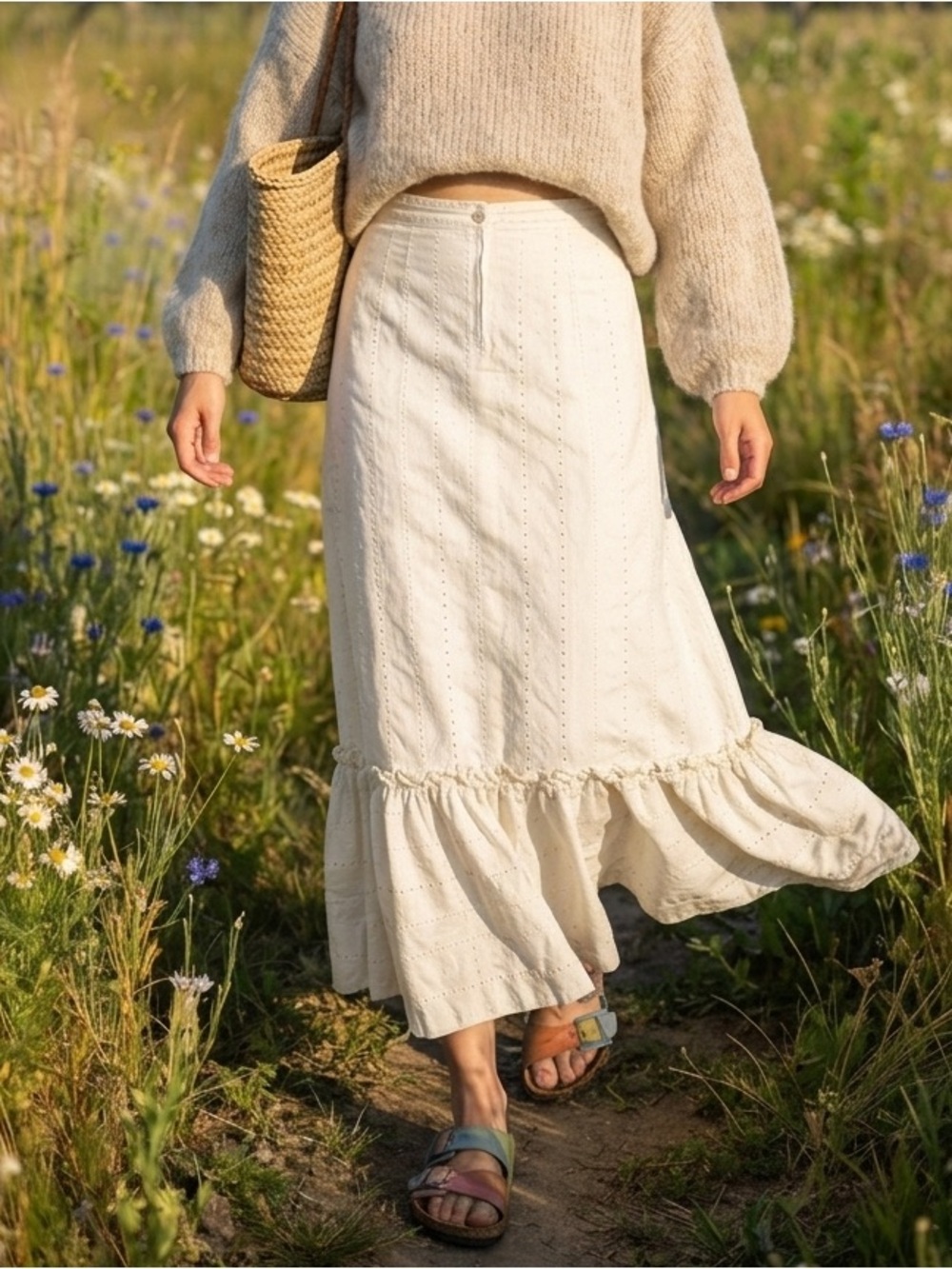 Vintage 70s White Eyelet Prairie Maxi Skirt 🕊️✨
